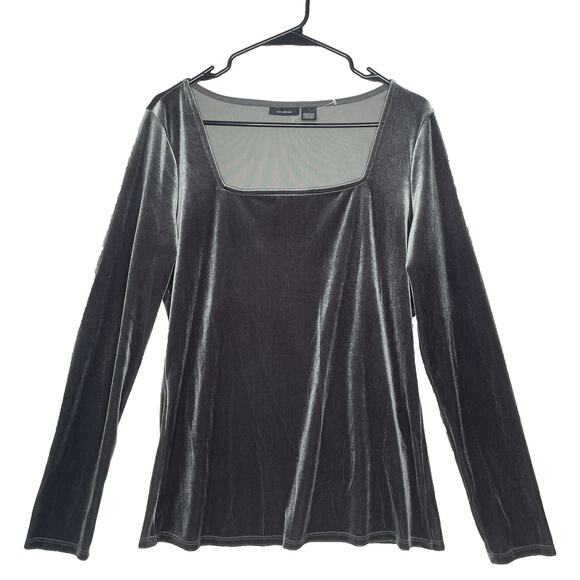 Y2K Velvet Long Sleeve Top Square Neck Gray Stretch Witchy Goth Fairy Grunge‎ M - Picture 1 of 6